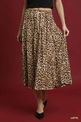 Umgee Drawstring Leopard Midi Skirt LATTE / S