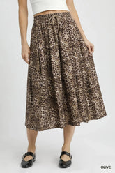 Umgee Drawstring Leopard Midi Skirt OLIVE / S