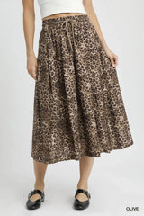 Umgee Drawstring Leopard Midi Skirt OLIVE / S