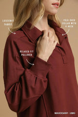 Umgee Exposed Seam Long Sleeve Polo Top with Side Slit