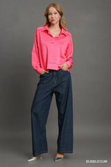 Umgee Exposed Seam Long Sleeve Polo Top with Side Slit