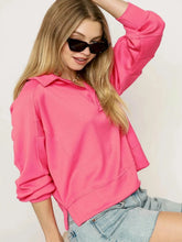 Umgee Exposed Seam Long Sleeve Polo Top with Side Slit BUBBLEGUM / S
