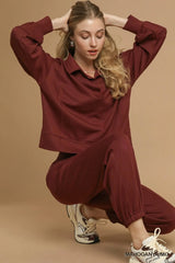 Umgee Exposed Seam Long Sleeve Polo Top with Side Slit MAHOGANY / S