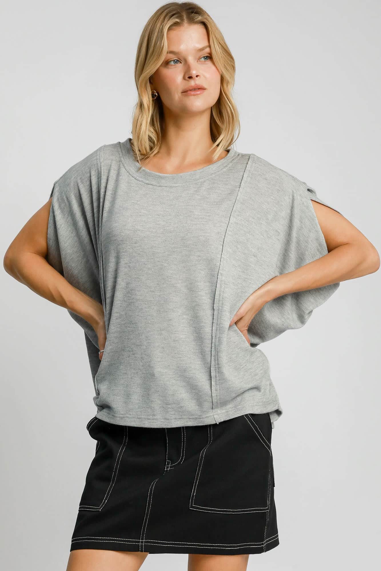 Umgee Exposed Seam Round Neck Batwing Sleeve Knit Top Gray / S