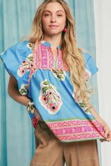 Umgee Floral Notched Puff Sleeve Blouse