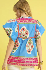 Umgee Floral Notched Puff Sleeve Blouse