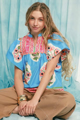 Umgee Floral Notched Puff Sleeve Blouse Sky Blue / S