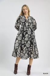 Umgee Floral Print Boho Midi Dress Black / S