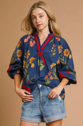 Umgee Floral Print Flounce Sleeve Blouse MIDNIGHT MIX / S