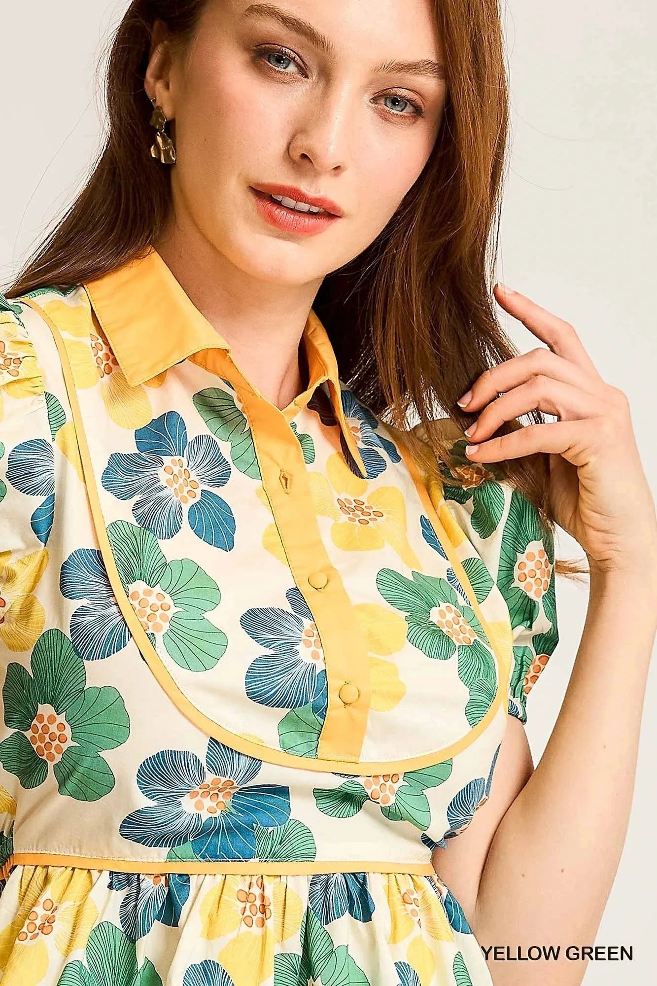 Umgee Floral Print Puff Sleeve Cropped Blouse
