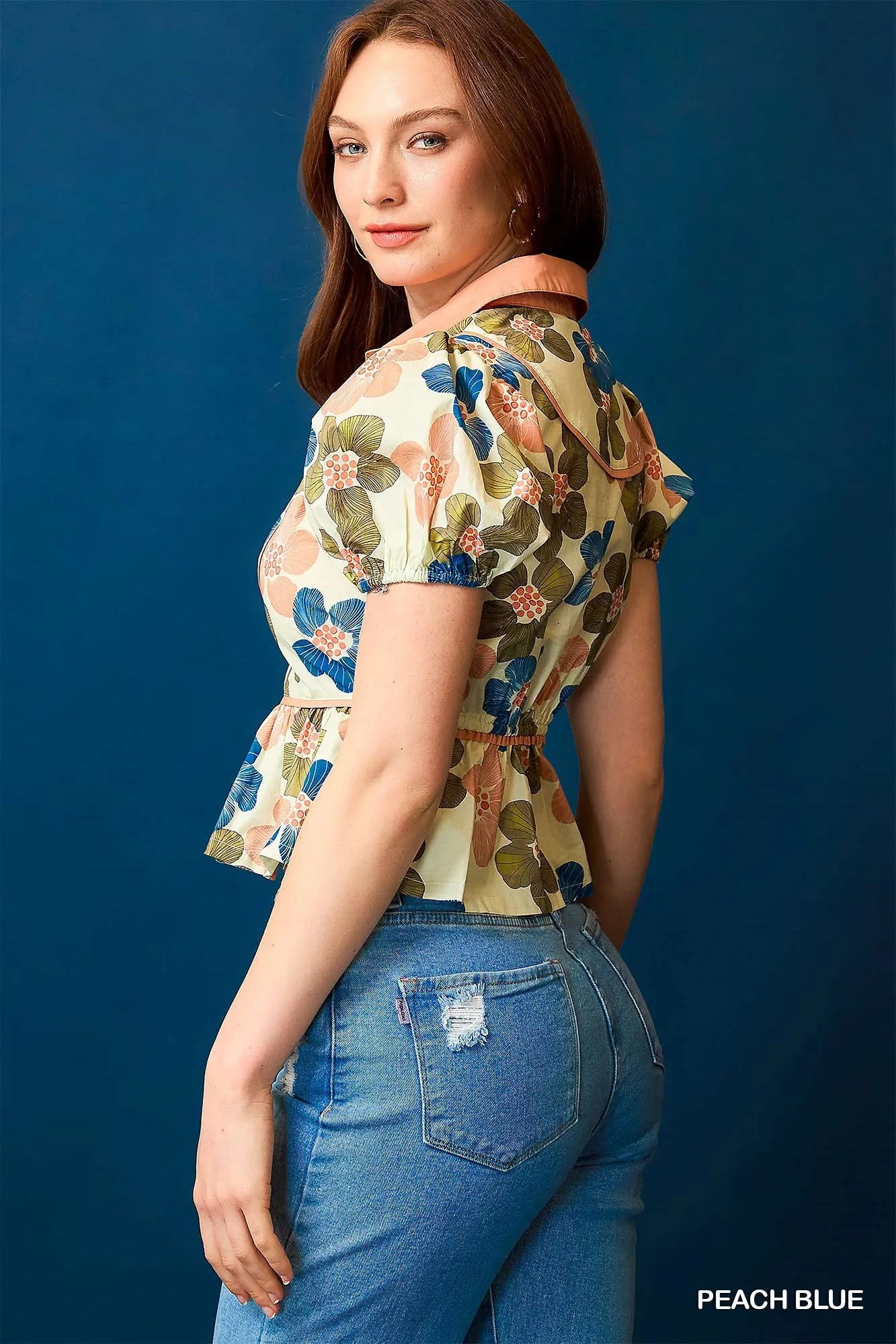 Umgee Floral Print Puff Sleeve Cropped Blouse