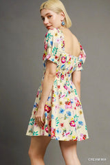 Umgee Floral Print Puff Sleeve Mini Dress