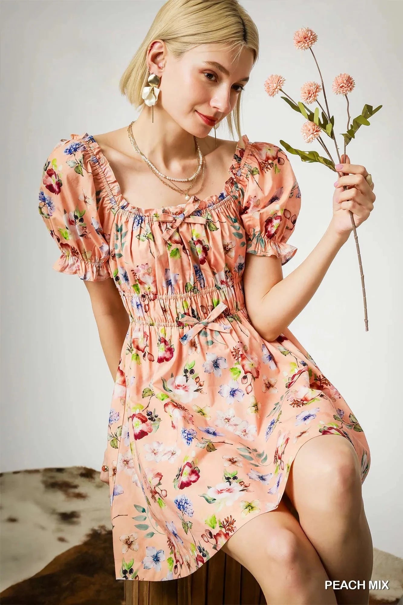 Umgee Floral Print Puff Sleeve Mini Dress PEACH MIX / S