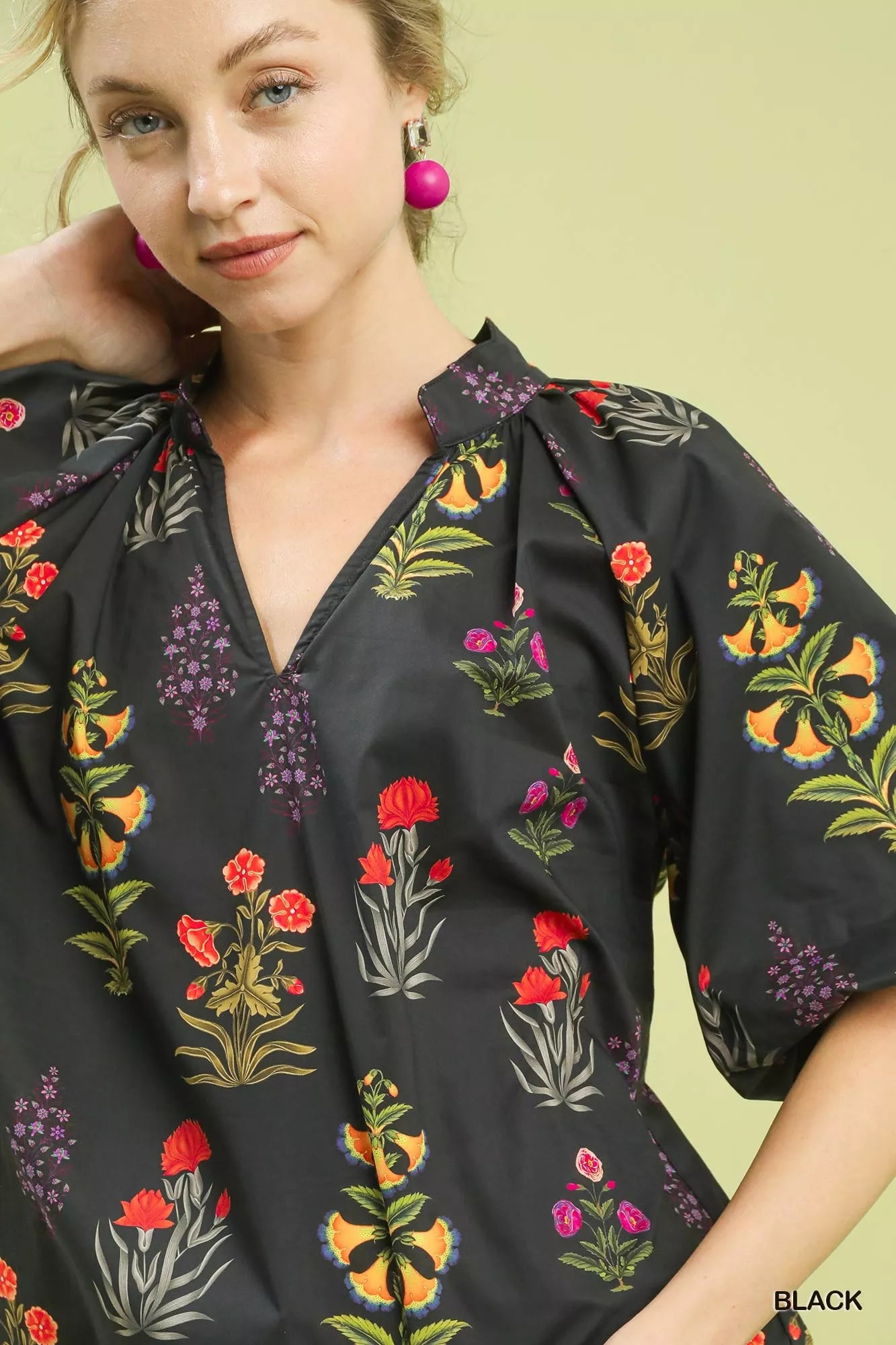 Umgee Floral Print Puff Sleeve Scallop Hem Blouse