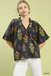 Umgee Floral Print Puff Sleeve Scallop Hem Blouse Black / S