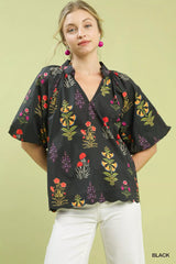 Umgee Floral Print Puff Sleeve Scallop Hem Blouse Black / S
