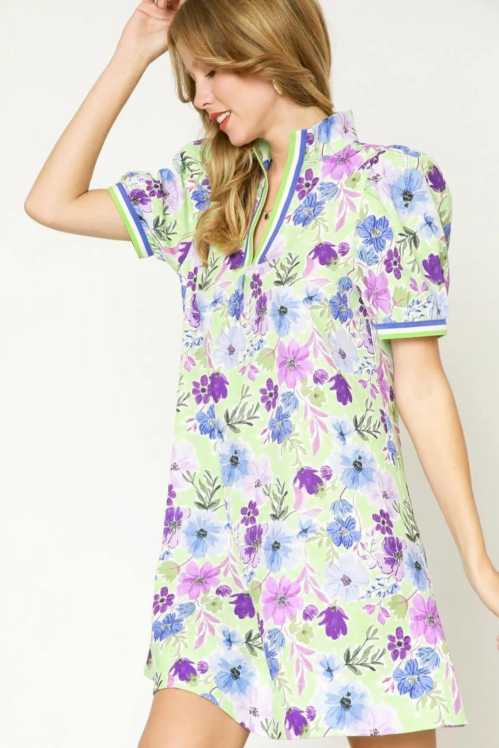 Umgee Floral Print Short Puff Sleeve Mini Dress