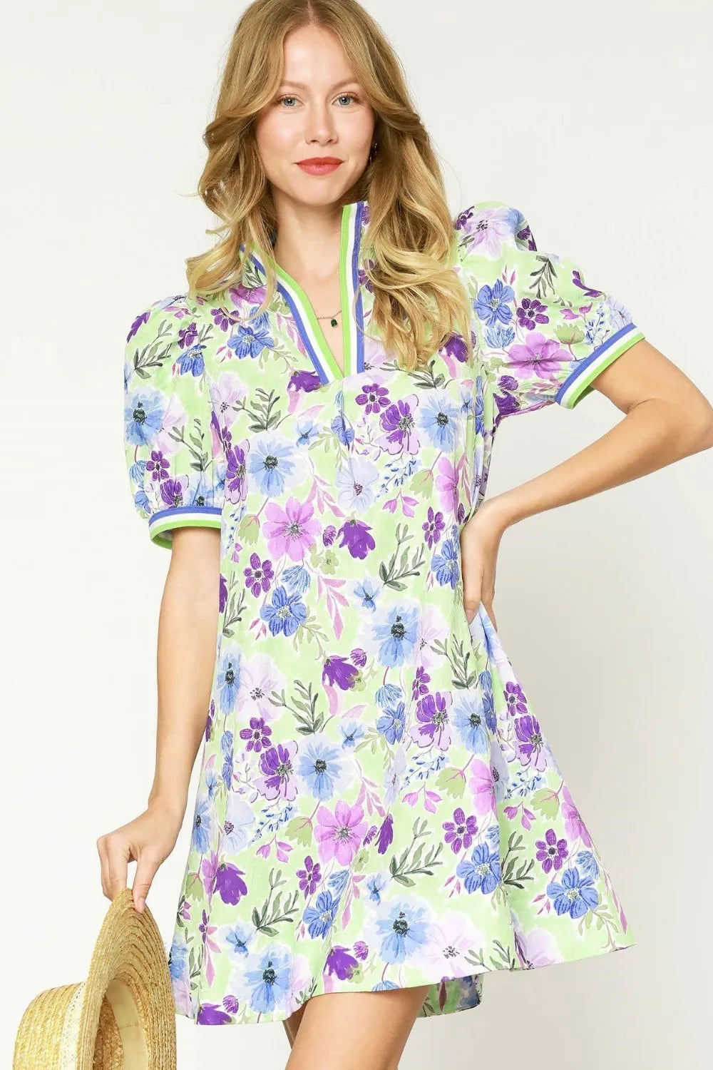 Umgee Floral Print Short Puff Sleeve Mini Dress Light Green / S