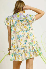 Umgee Floral Print Tie Neck Puff Sleeve Dress