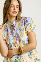 Umgee Floral Print Tie Neck Puff Sleeve Dress