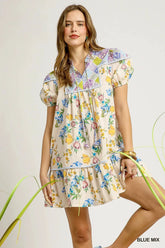 Umgee Floral Print Tie Neck Puff Sleeve Dress BLUE MIX / S