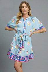 Umgee Floral Print Tie Waist Short Sleeve Dress Pastel Blue / S