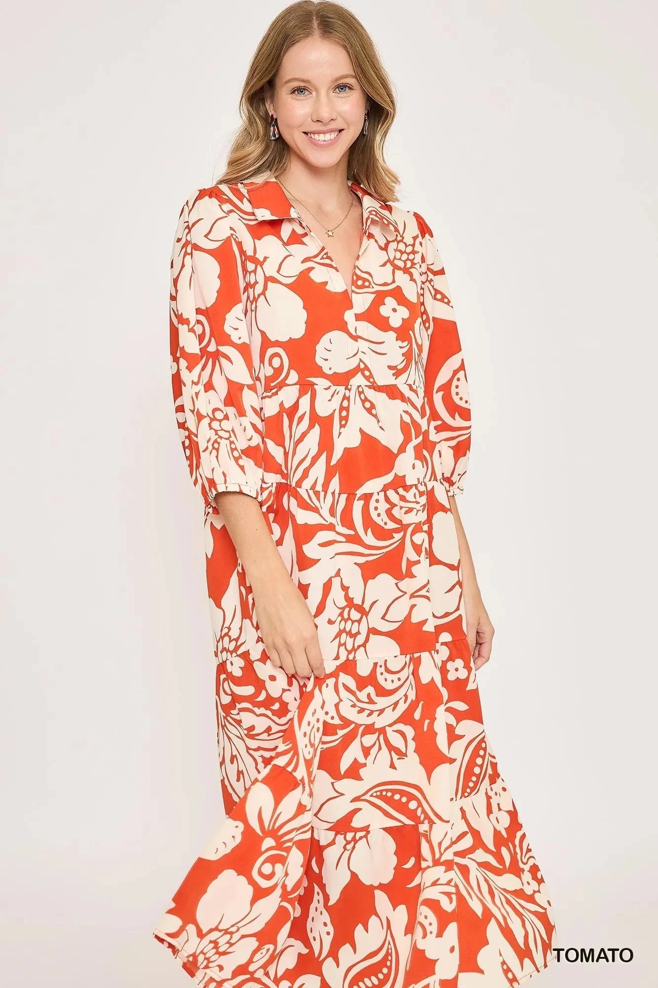 Umgee Floral Print Tiered Midi Dress