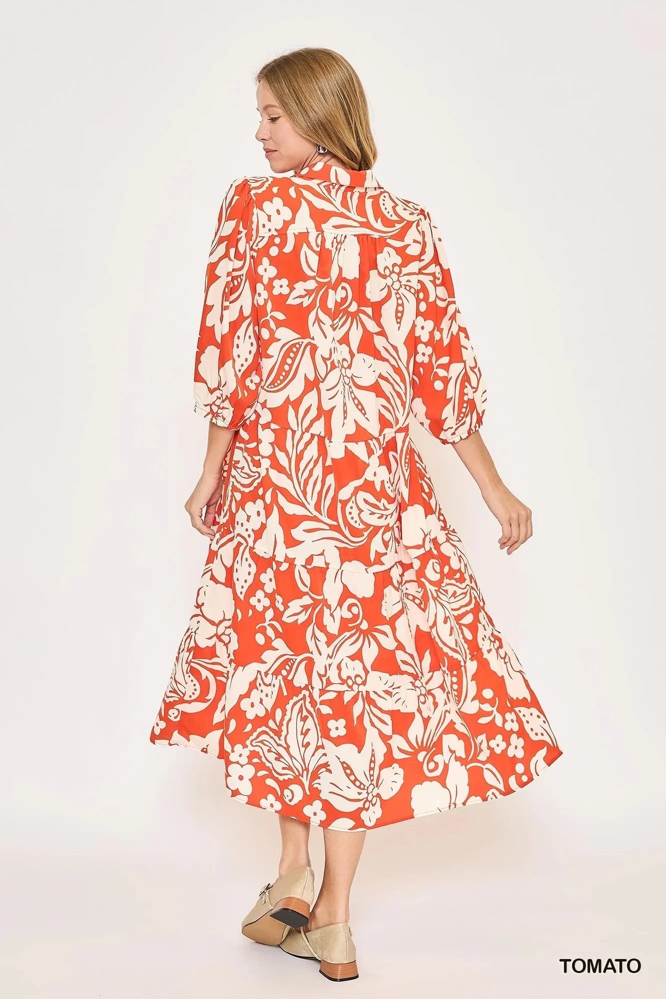 Umgee Floral Print Tiered Midi Dress