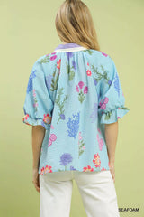 Umgee Floral Puff Sleeve Blouse with Scallop Trim Collar