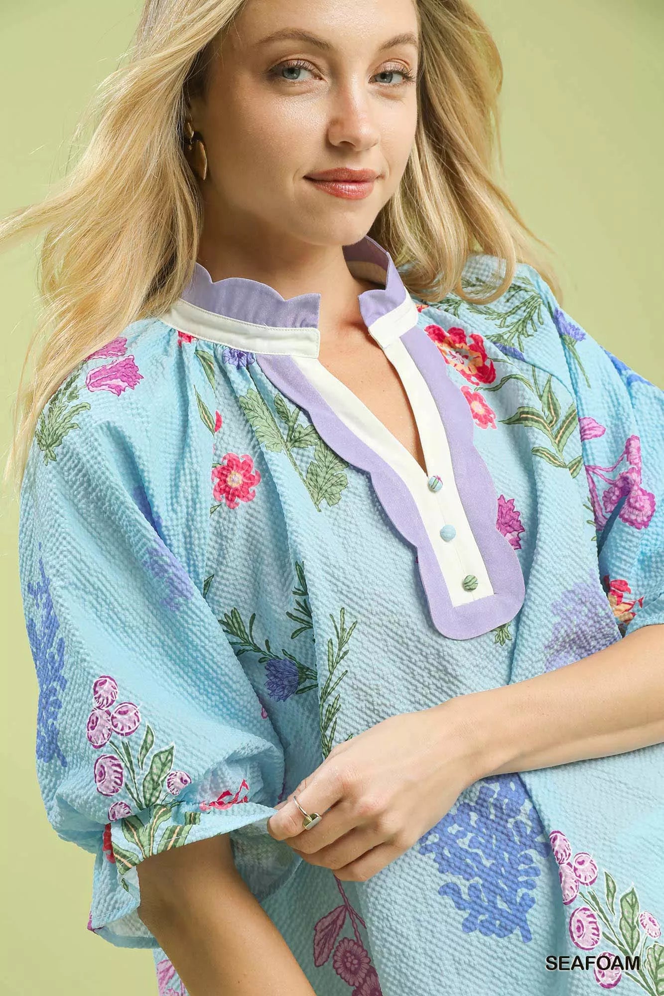 Umgee Floral Puff Sleeve Blouse with Scallop Trim Collar