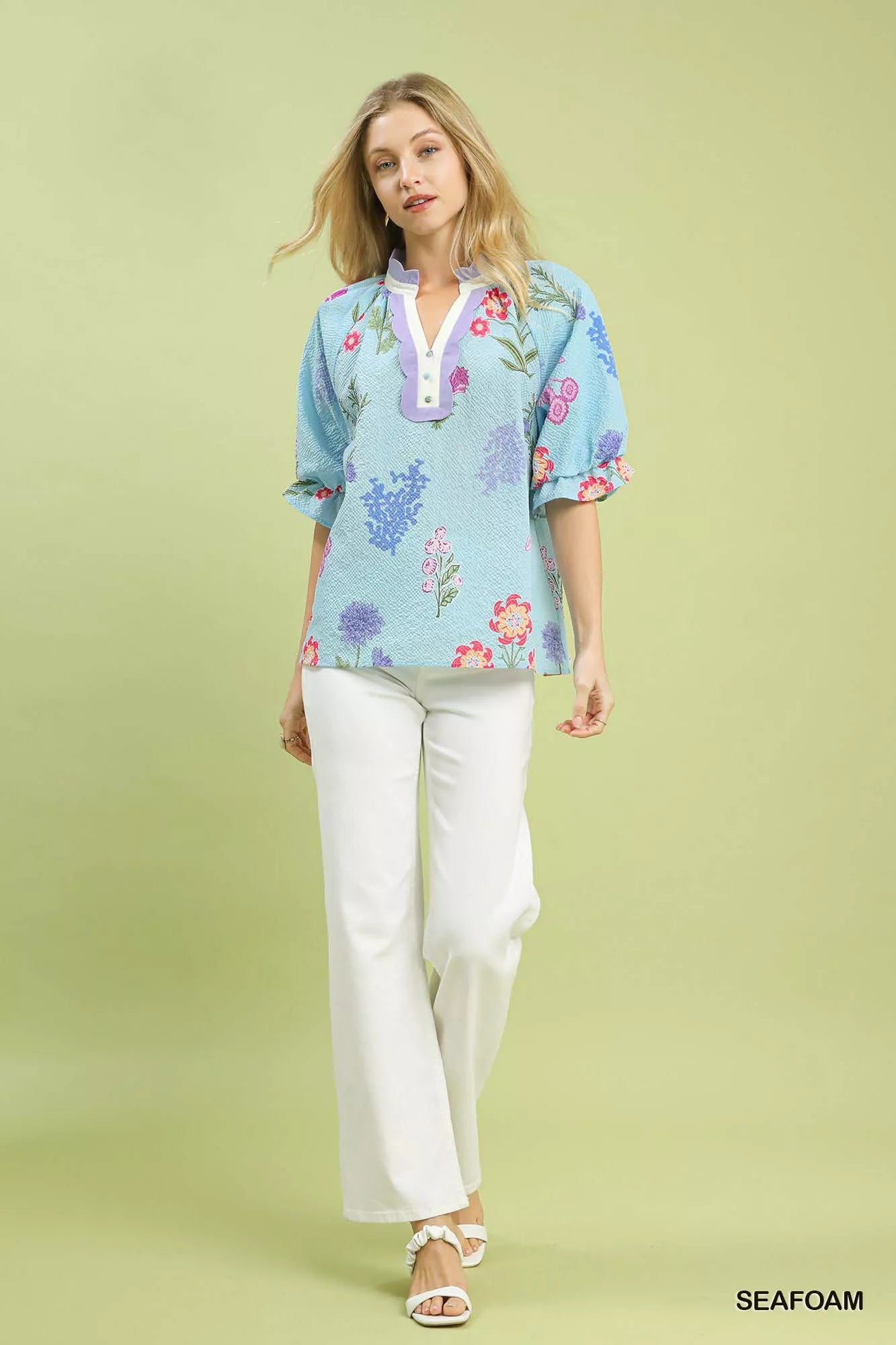 Umgee Floral Puff Sleeve Blouse with Scallop Trim Collar