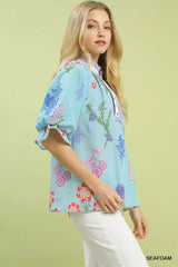 Umgee Floral Puff Sleeve Blouse with Scallop Trim Collar