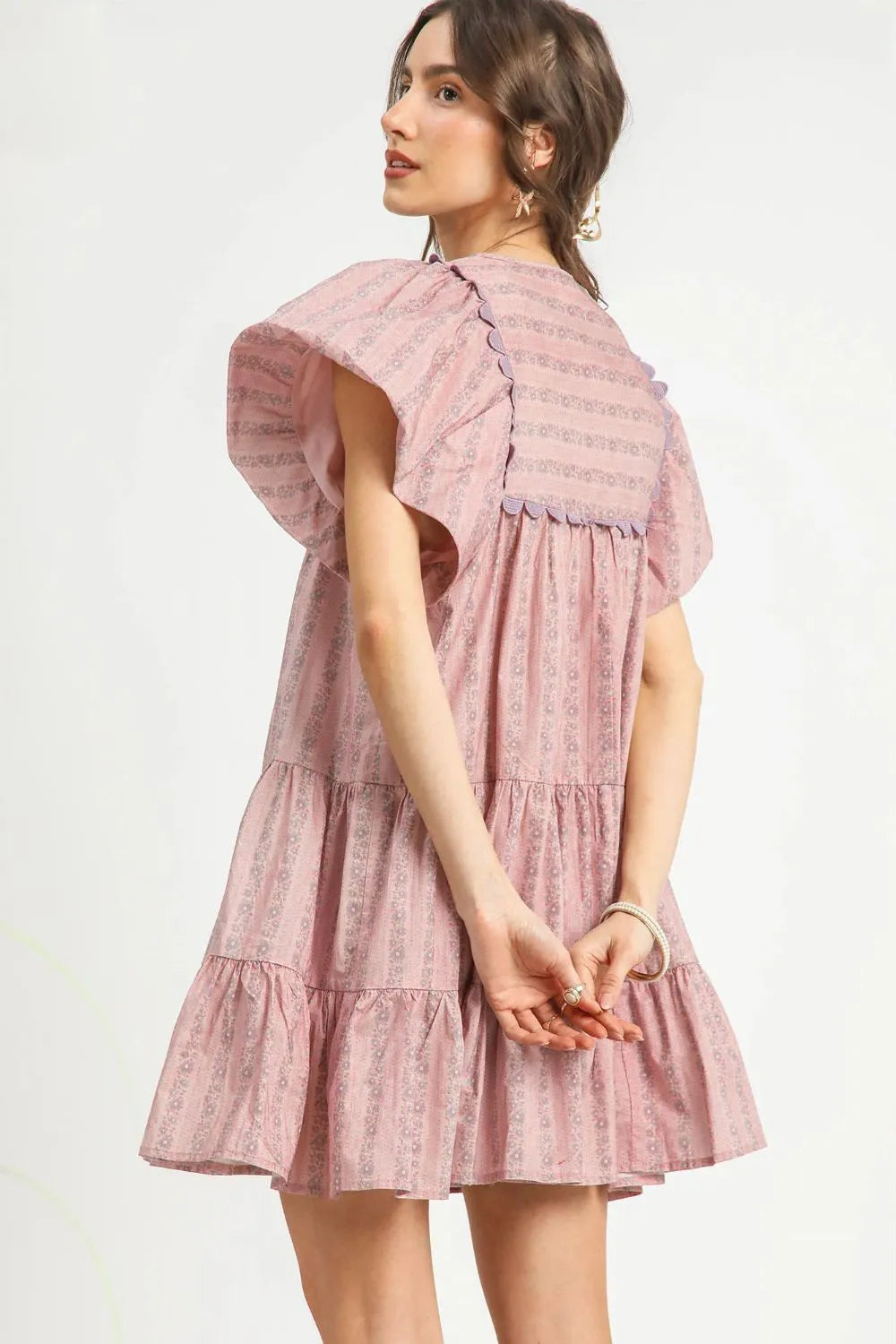 Umgee Floral Ruffled Cap Sleeve Tiered Mini Dress