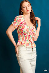 Umgee Floral Smocked Peplum Blouse