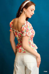 Umgee Floral Smocked Peplum Blouse