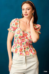 Umgee Floral Smocked Peplum Blouse Pink / S