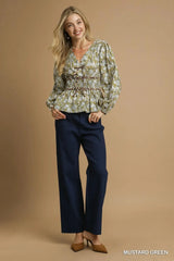Umgee Floral Smocked Peplum Blouse with Tie Detail