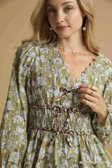 Umgee Floral Smocked Peplum Blouse with Tie Detail