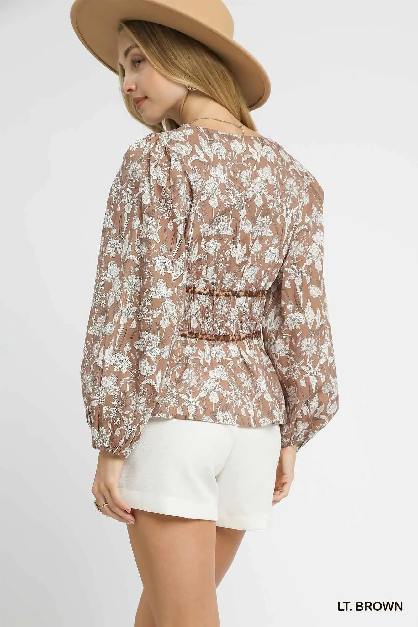 Umgee Floral Smocked Peplum Blouse with Tie Detail