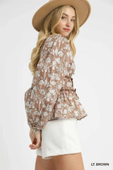 Umgee Floral Smocked Peplum Blouse with Tie Detail