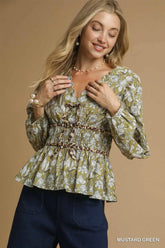 Umgee Floral Smocked Peplum Blouse with Tie Detail MUSTARD GREEN / S