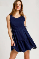 Umgee Frill Drawstring Waist Round Neck Mini Tank Dress Dark Navy / XS