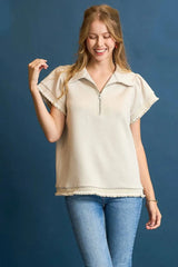 Umgee Frill Hem Half-Zip Collared Blouse Cream / XS