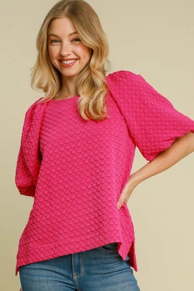 Umgee Full Size Boxy Cut Jacquard Round Neck Top with Side Slit Plus Size Hot Pink / L