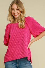 Umgee Full Size Boxy Cut Jacquard Round Neck Top with Side Slit Plus Size Hot Pink / L