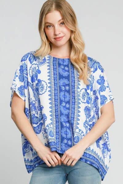 Umgee Full Size Floral Border Print Oversized Top Plus Size Blue / S