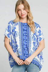 Umgee Full Size Floral Border Print Oversized Top Plus Size Blue / S