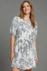Umgee Full Size Floral Print Notched Puff Sleeve Mini Dress Plus Size OFF WHITE / M