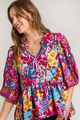 Umgee Full Size Floral Print Tie Neck Peplum Blouse Plus Size MULBERRY MIX / S