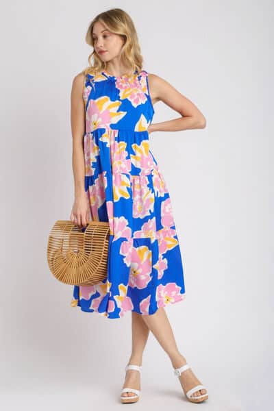 Umgee Full Size Floral Tiered Midi Tank Dress Plus Size Royal Blue / XL